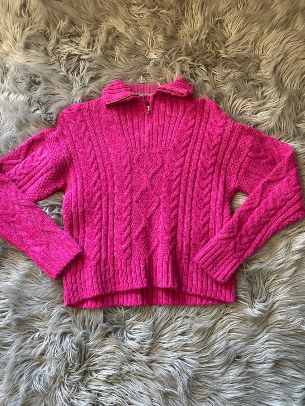 Anthropologie Bright Pink Cable-Knit Half-Zip Turtleneck Sweater